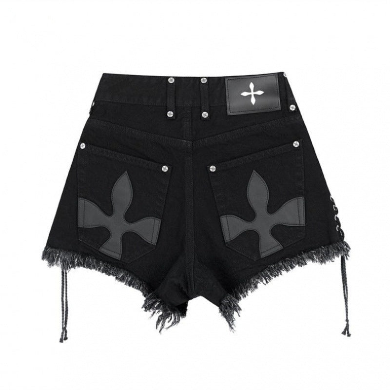 Lace-up Frayed Cross Flower & Pattern Denim Shorts
