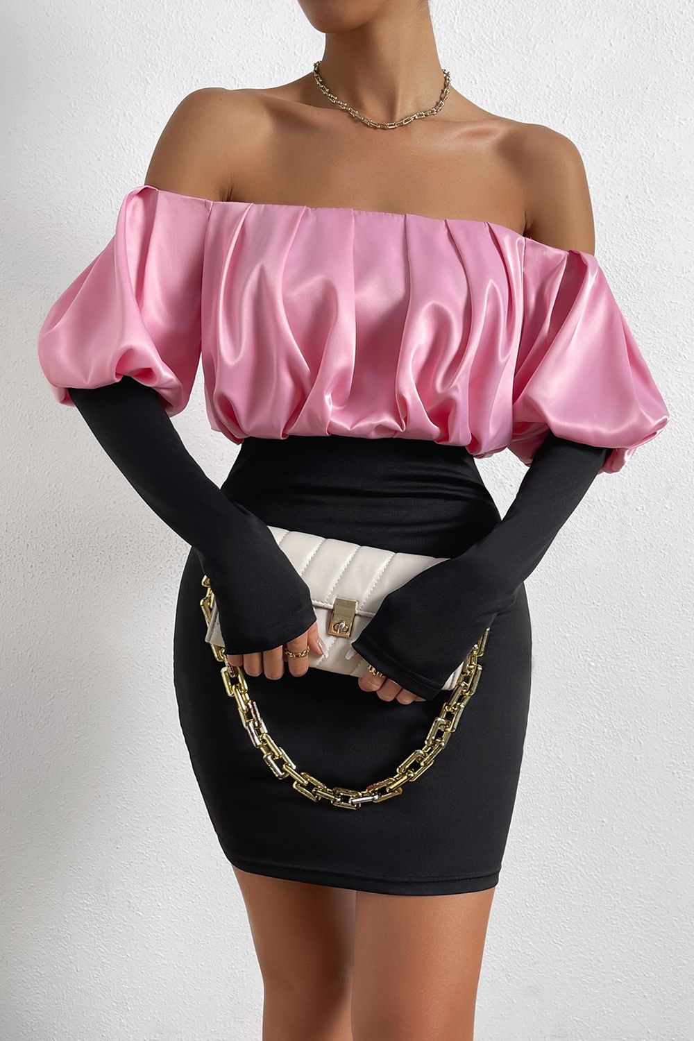 Evenings With You Off-Shoulder Puff Sleeve Mini Pencil Dress