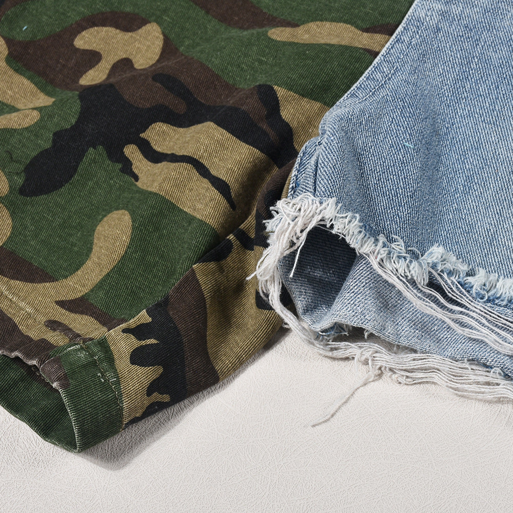 Back To The City Denim Stitched Camouflage Shorts