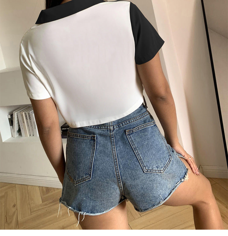 Contrast Fever Crop Top Pocket Short Sleeve Shirt