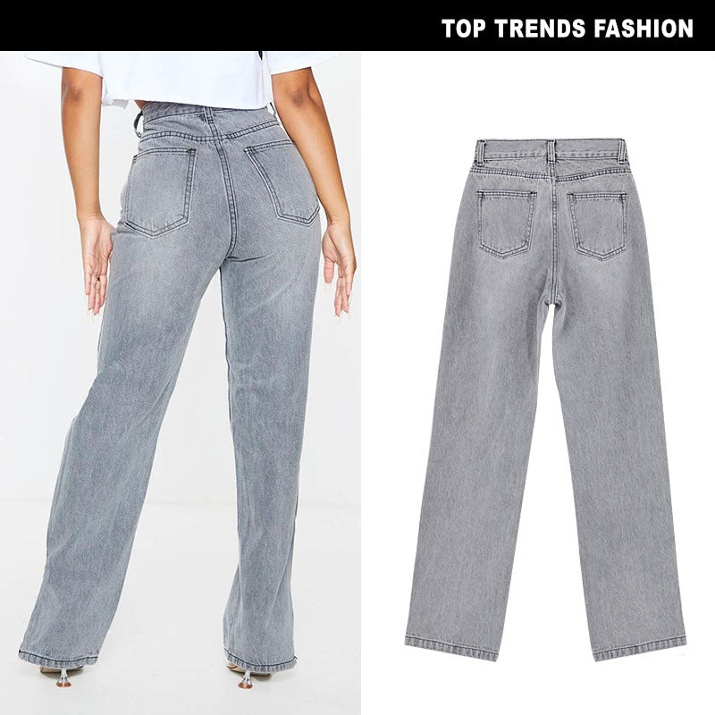 High Waist Straight Denim Flared Pants