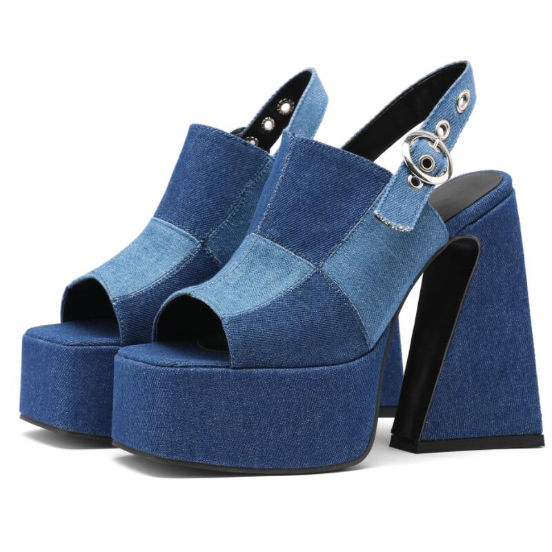 Baby Dont Leave Denim Thick High Heel Platform Pump