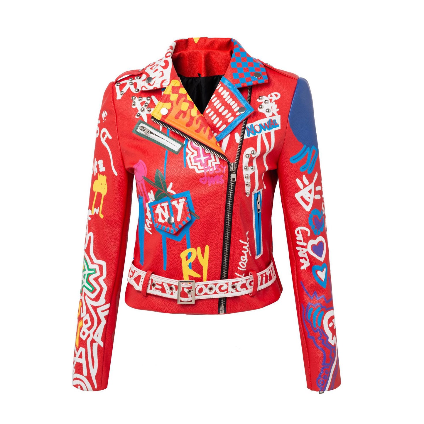 Turn Me Up Slim Fit Red Leather Graffiti Jacket