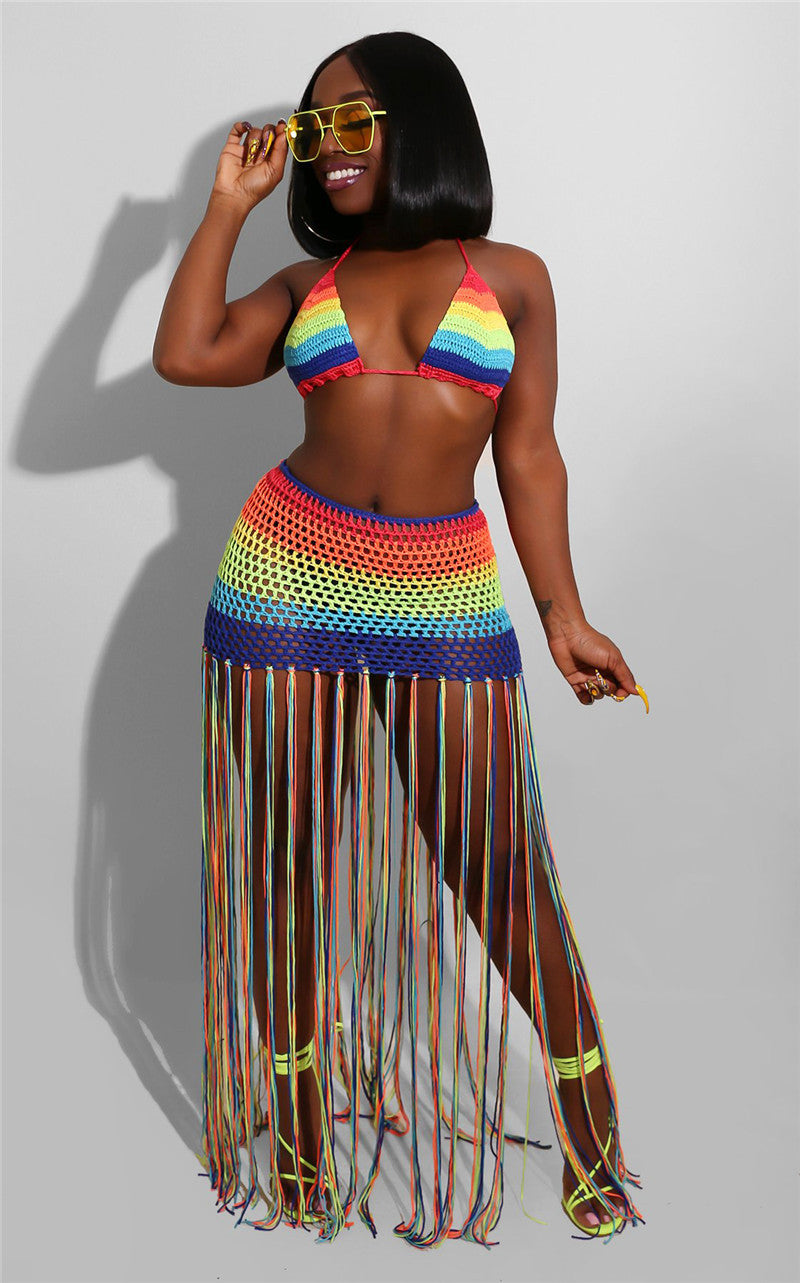 That Girl Rainbow Crochet Tassel 2 Piece Skirt Set