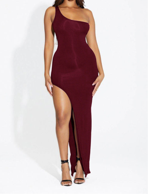 As Of Lately Sleeveless Shoulder Side High Slit Long Tight Dress