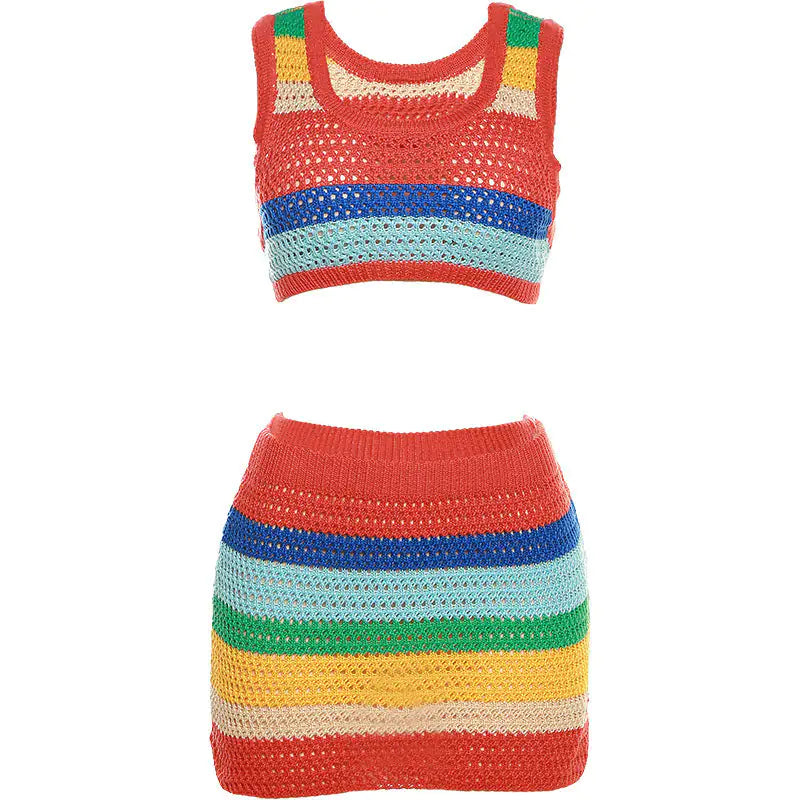 Sunset Thursday Crochet Sleeveless Striped Mini Skirt Set