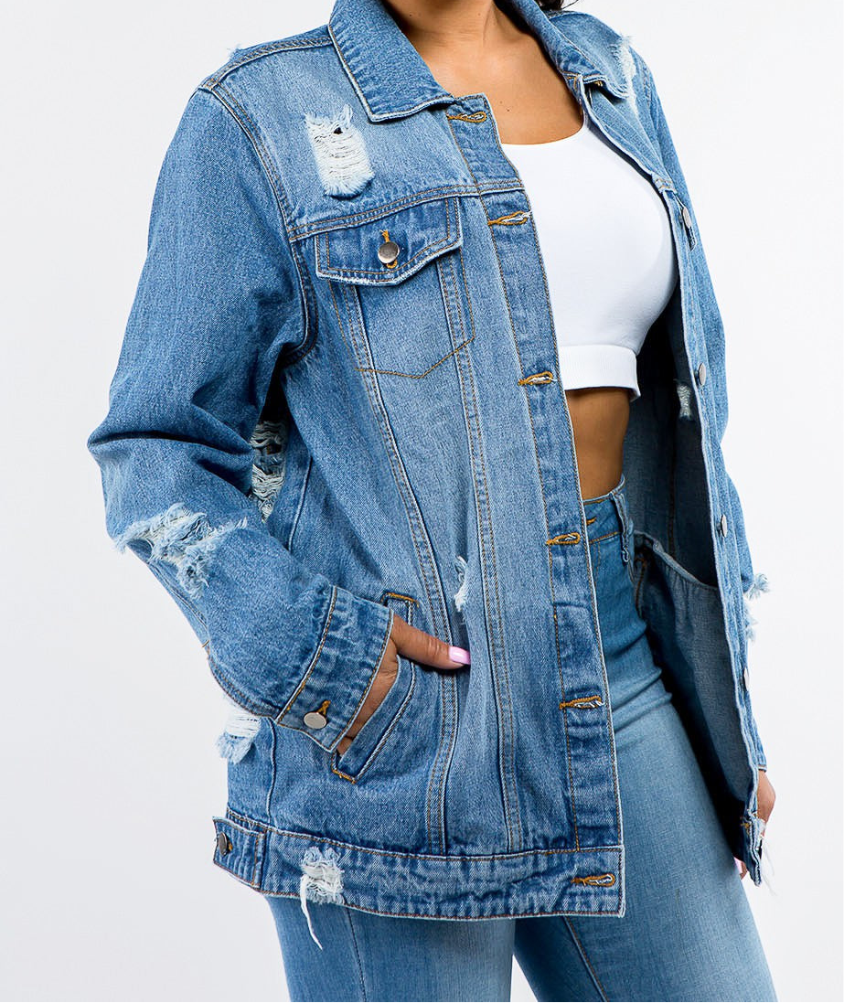 Never Stressing Button Up Distressed Denim Jacket