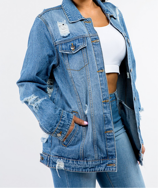 Never Stressing Button Up Distressed Denim Jacket