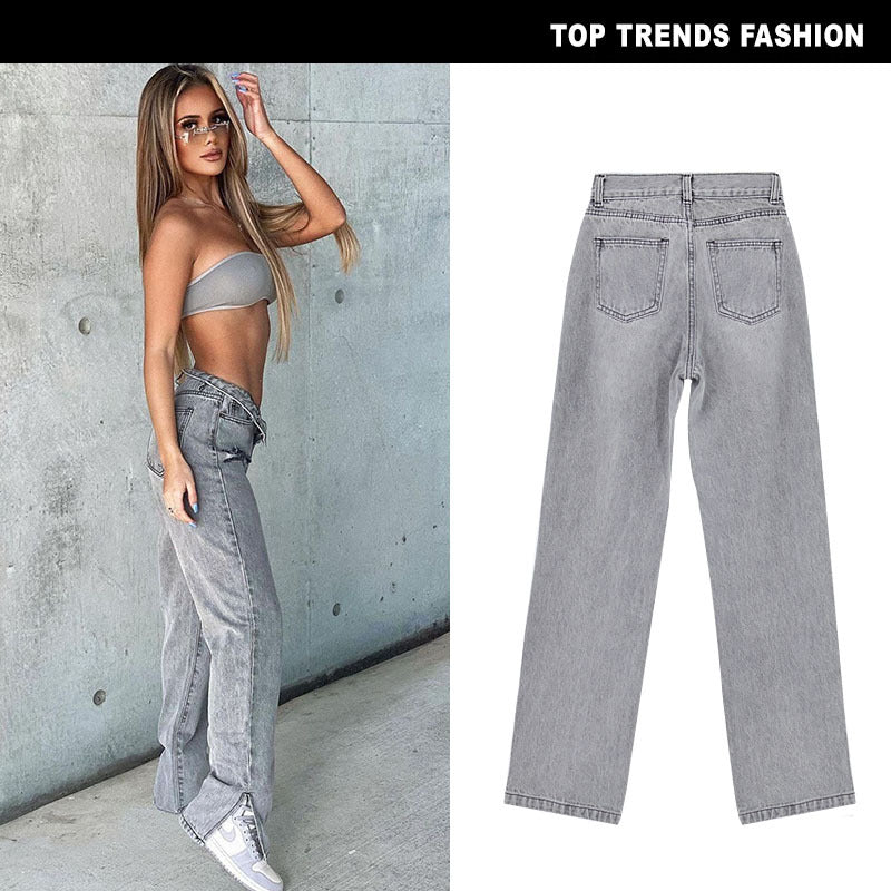 High Waist Straight Denim Flared Pants