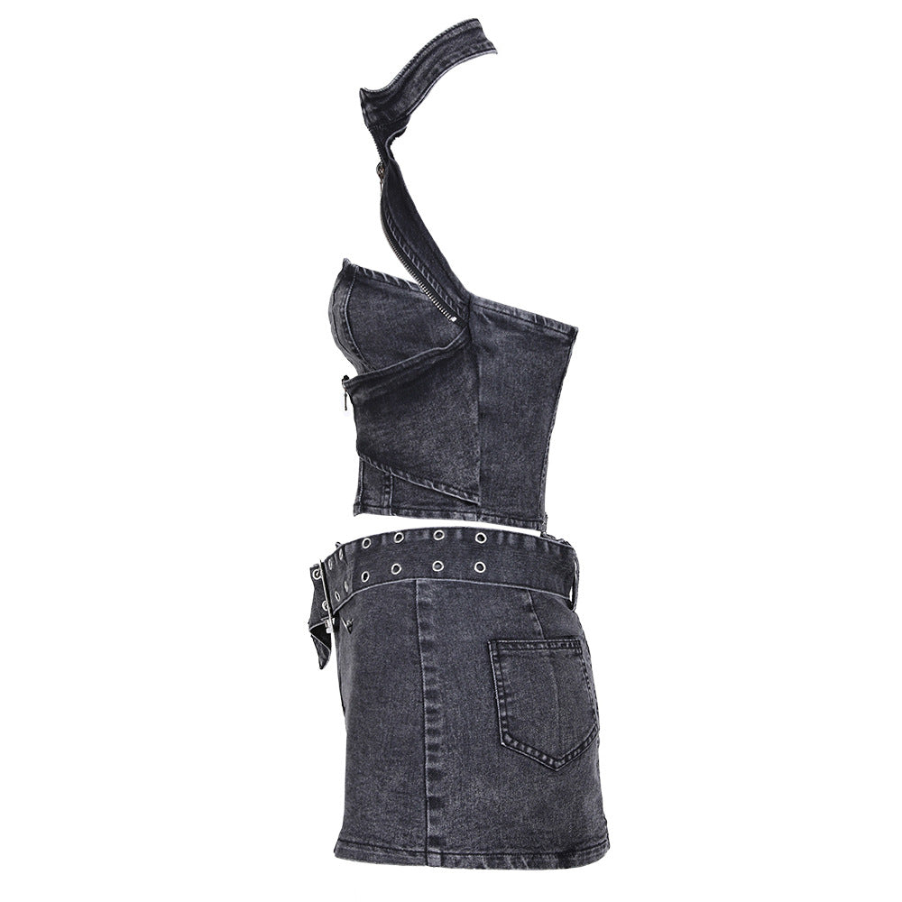 Rock With Me Backless Denim Skirt Set