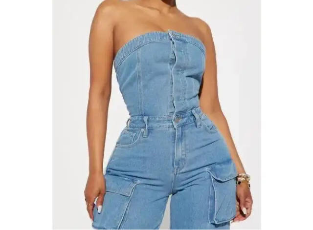 Denim Daze Strapless Button Front Ruched Cargo Jumpsuit