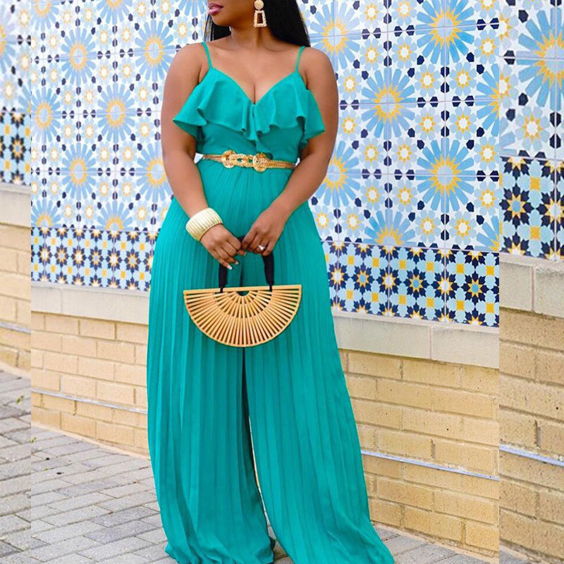 First Pick Pleated Wide Leg Ruffled Jumpsuit