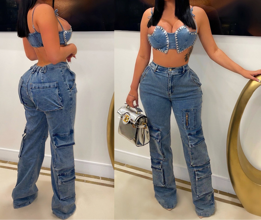 It Girl Baggy Pocket Zipper Denim Pants