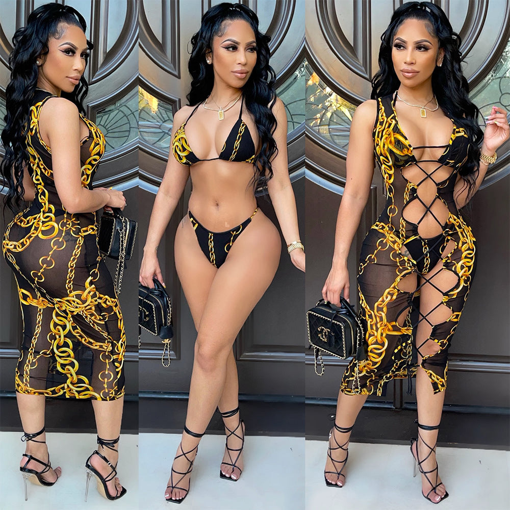 3 piece Mesh Hollow Swimsuit Dress Set