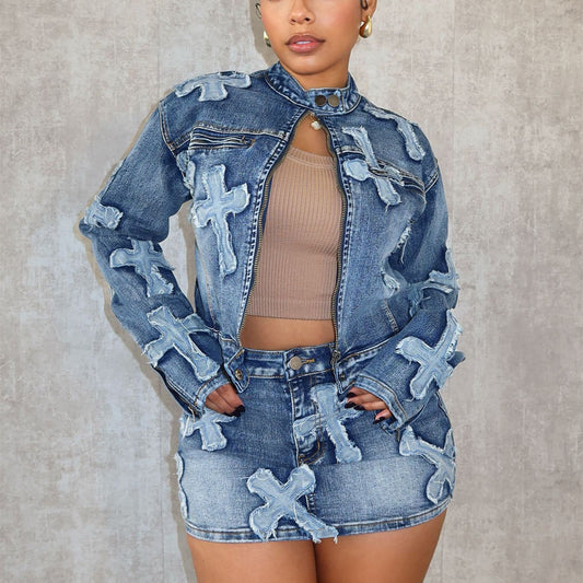 Put Your Trust In Me Denim Short Skirt Jacket Set