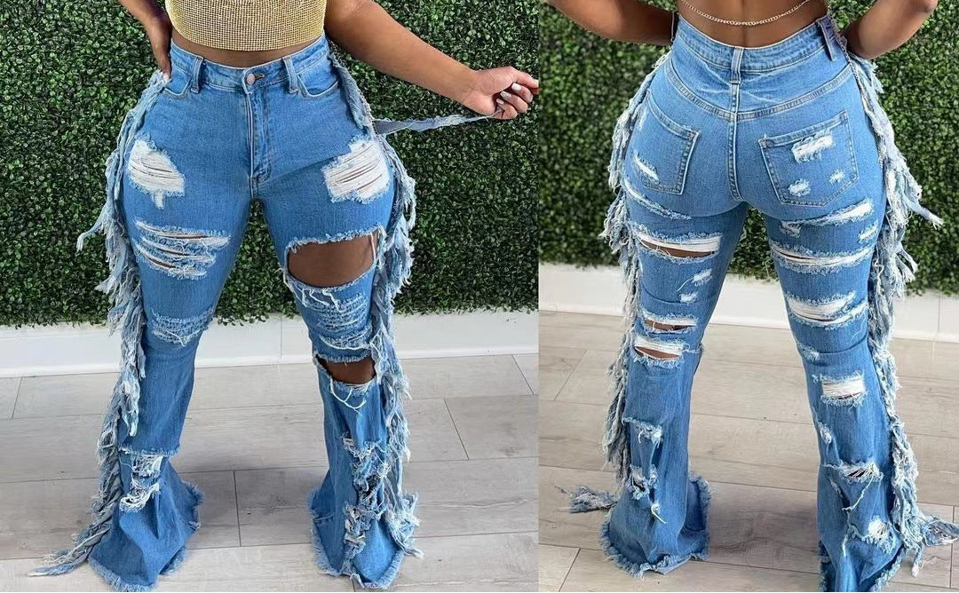 Distressed Washed Tassel Jeans