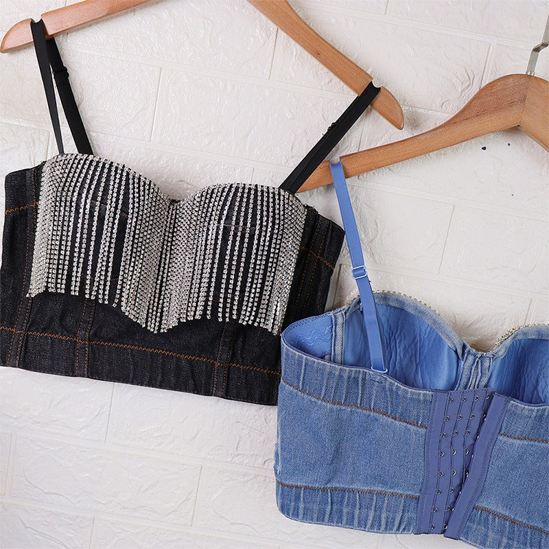 Don't Wait Up Tassel Camisole Denim Corset Top