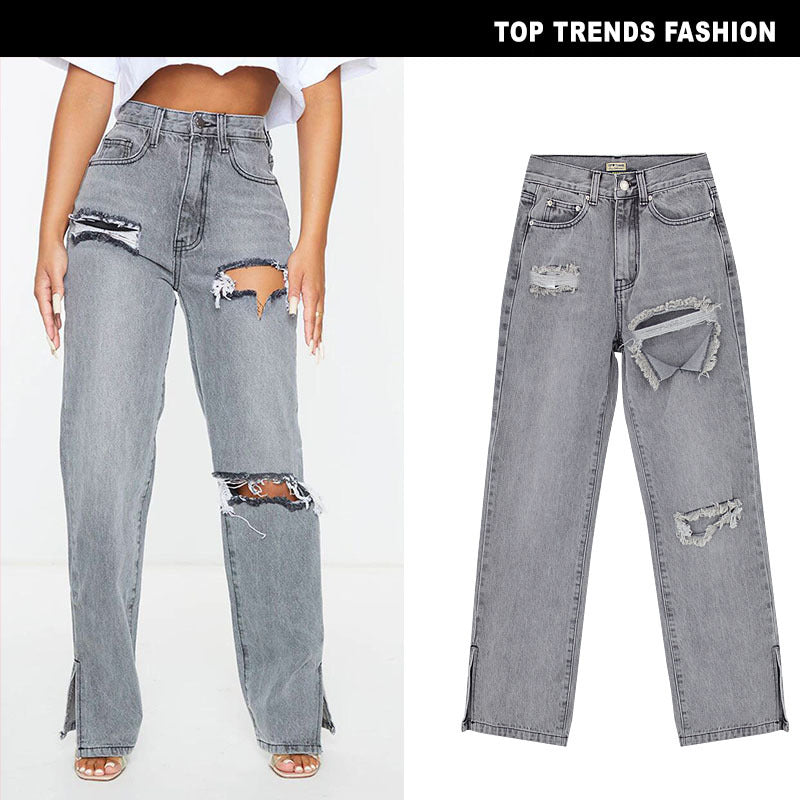 High Waist Straight Denim Flared Pants