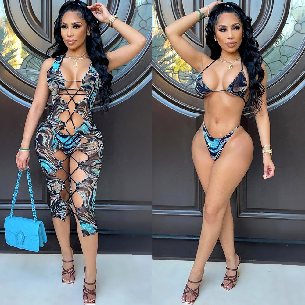 3 piece Mesh Hollow Swimsuit Dress Set