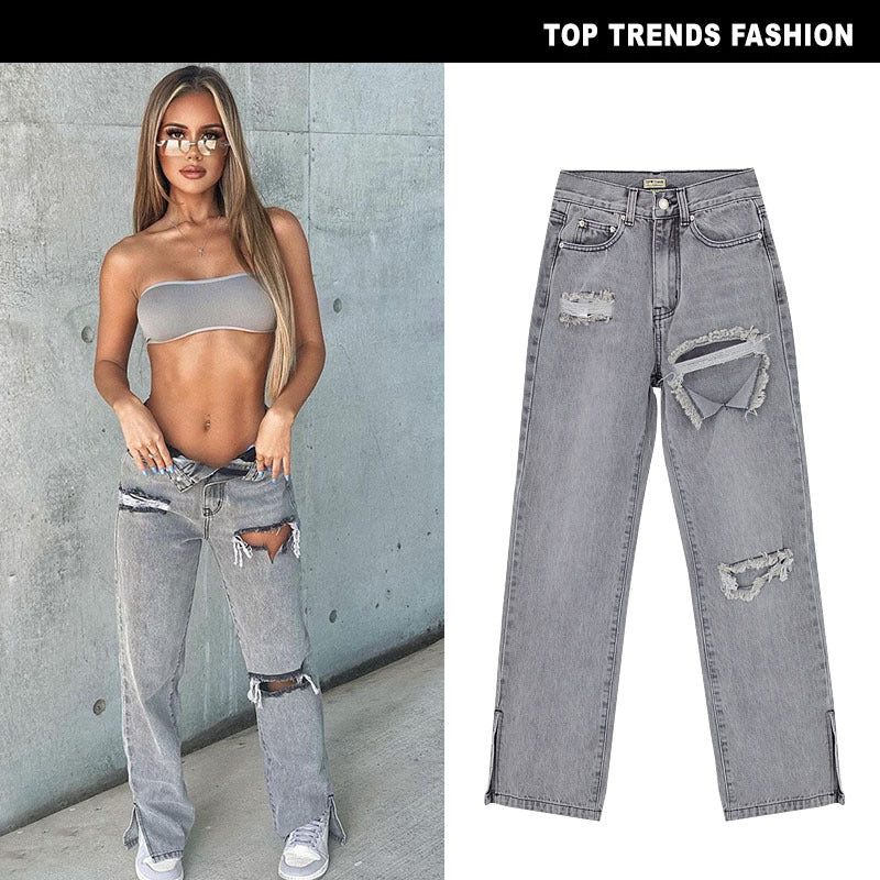 High Waist Straight Denim Flared Pants