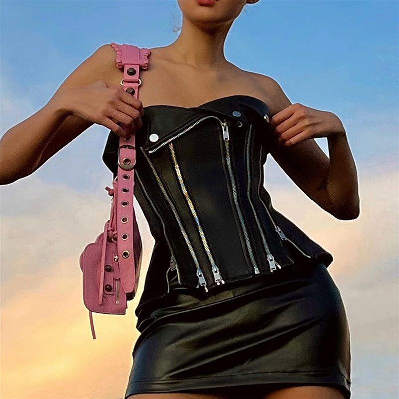 I Didn’t Do It Open-shoulder PU Leather Corset Top