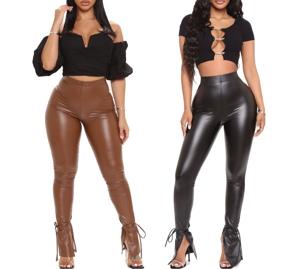 On Your Mind High Waisted Elastic Side Split Leather Pants