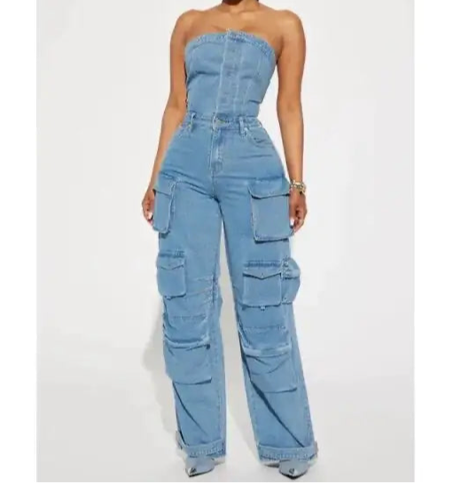 Denim Daze Strapless Button Front Ruched Cargo Jumpsuit