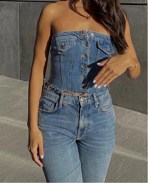 Denim Button Vest Crop Top