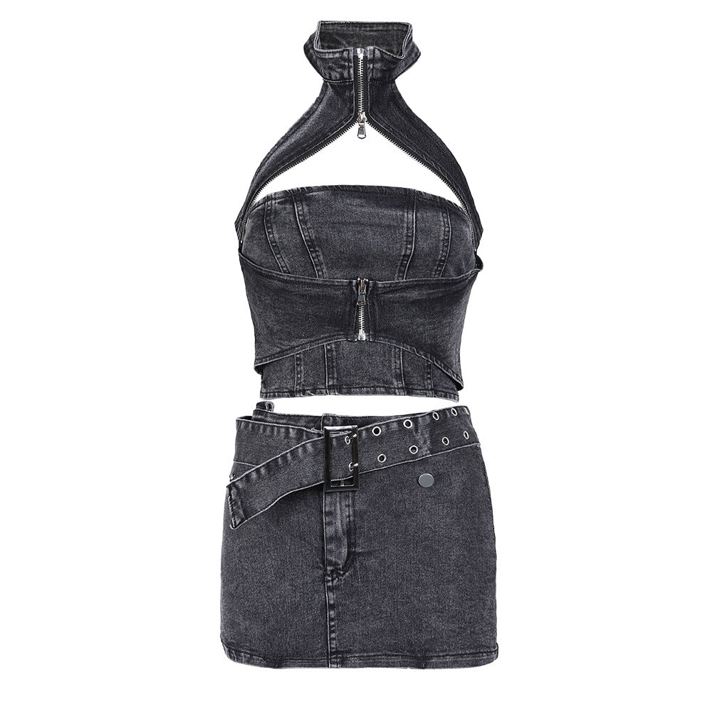 Rock With Me Backless Denim Skirt Set