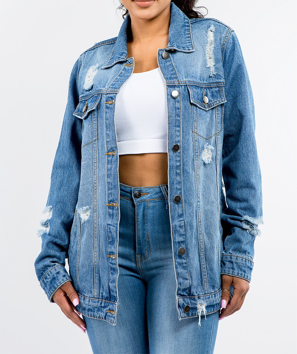 Never Stressing Button Up Distressed Denim Jacket