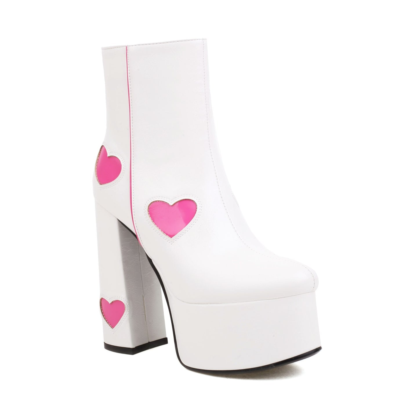 Sweetheart Patch Black and White Patent Leather Platform Stage Booties