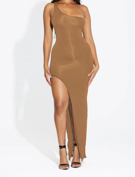 As Of Lately Sleeveless Shoulder Side High Slit Long Tight Dress