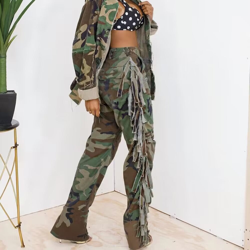 Limited Edition Camouflage Side Tassel Large Pocket Pants