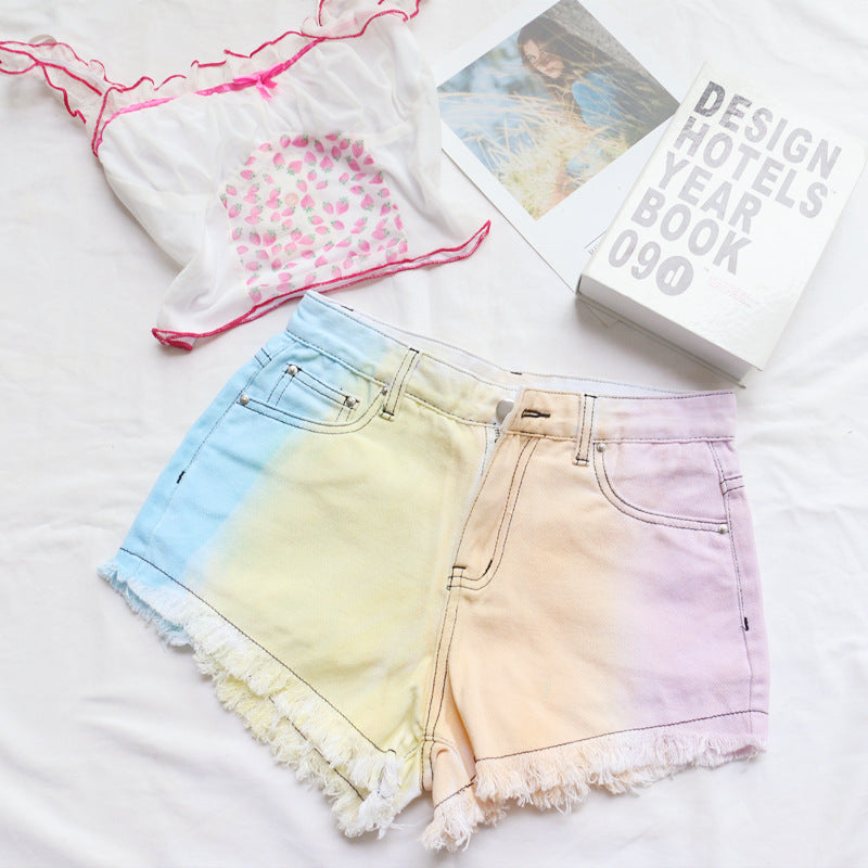 All The Above High Waist Fringed Tie Dye Denim Shorts