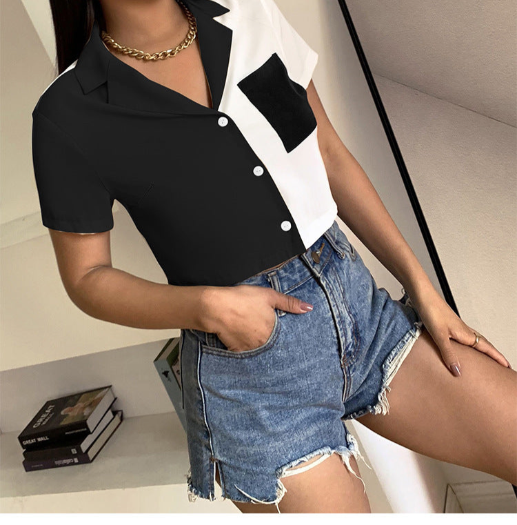 Contrast Fever Crop Top Pocket Short Sleeve Shirt