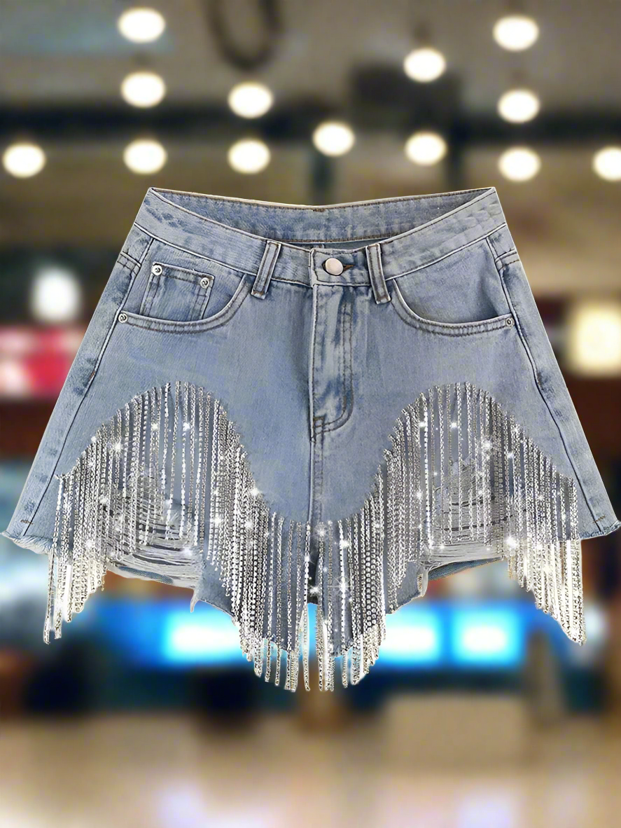 Luxury Diamond Chain Tassel Edge Denim Shorts