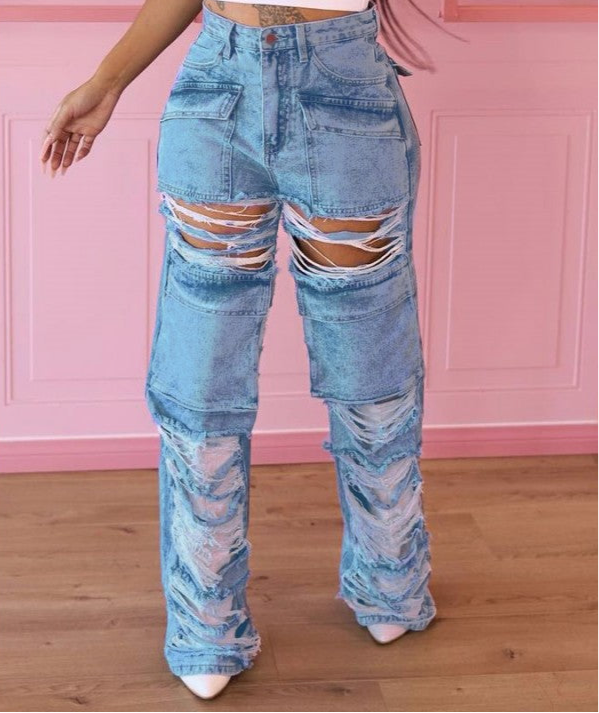 Women's High Waist Zipper Straight Ripped Jeans