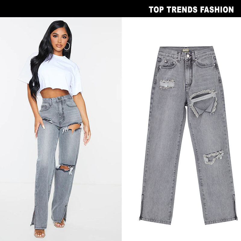 High Waist Straight Denim Flared Pants