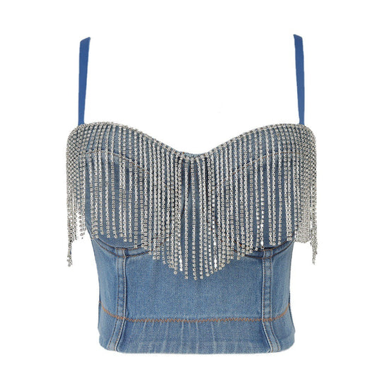 Don't Wait Up Tassel Camisole Denim Corset Top