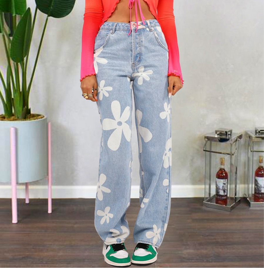 Women's Fashionable Printed Straight Jeans