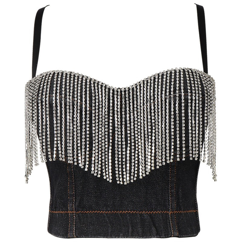 Don't Wait Up Tassel Camisole Denim Corset Top