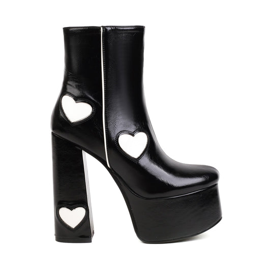 Sweetheart Patch Black and White Patent Leather Platform Stage Booties