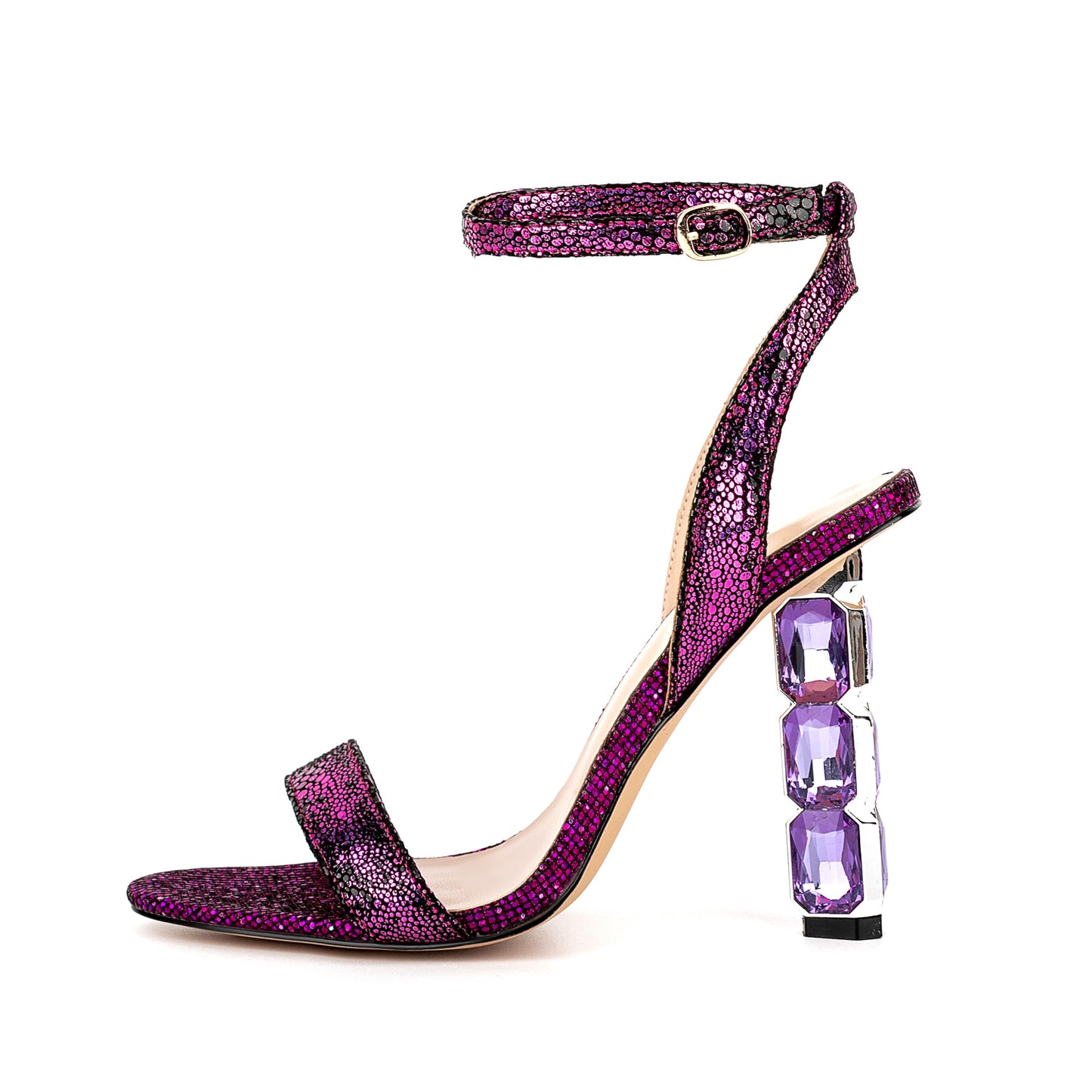 Dine With Me Open Toe Paillette Buckle Strap Heel