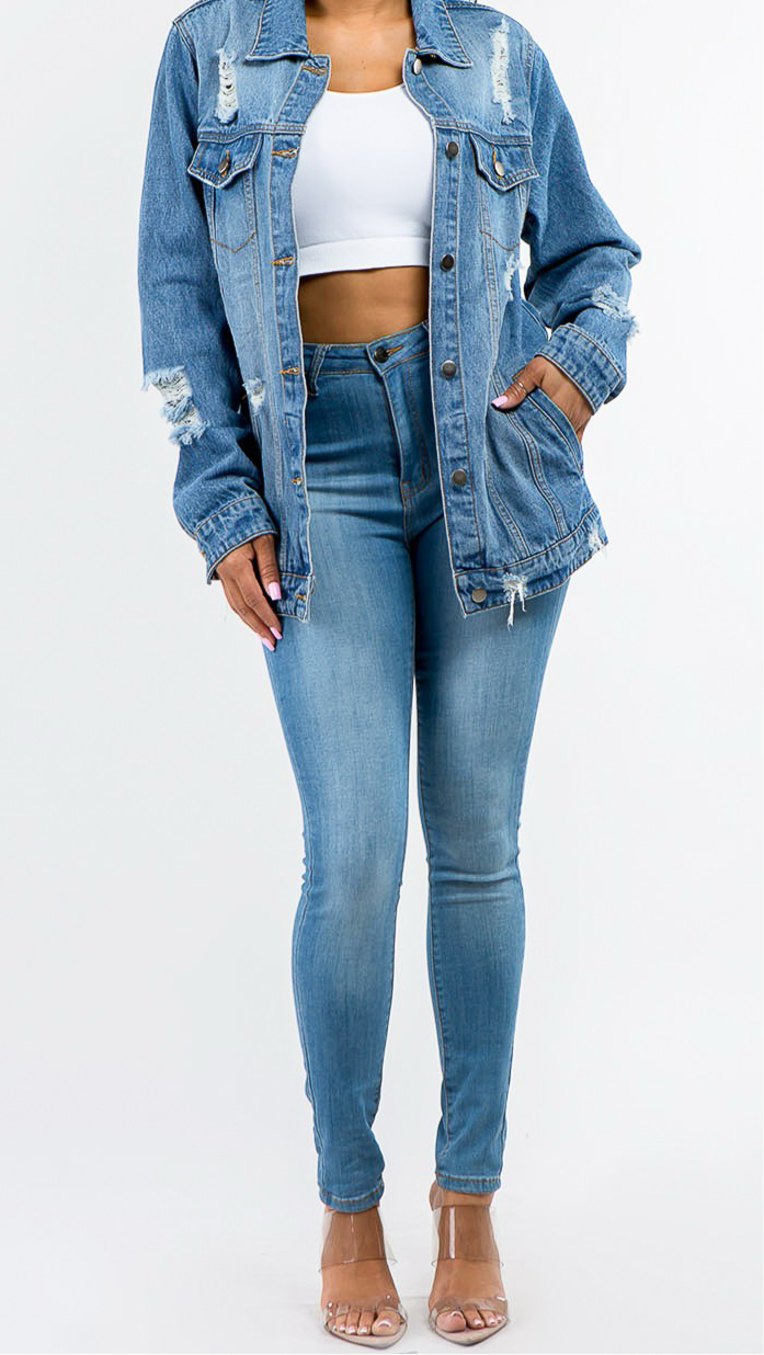 Never Stressing Button Up Distressed Denim Jacket