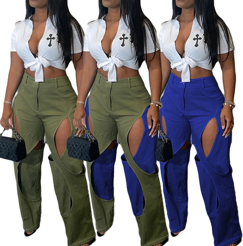 Full of Surprises Contrast Color Hollow-out Casual Pants