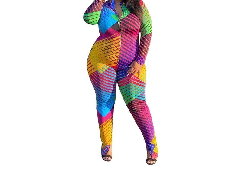 Easily Spoiled Geometric Printing Long Sleeve Zipper Jumpsuit