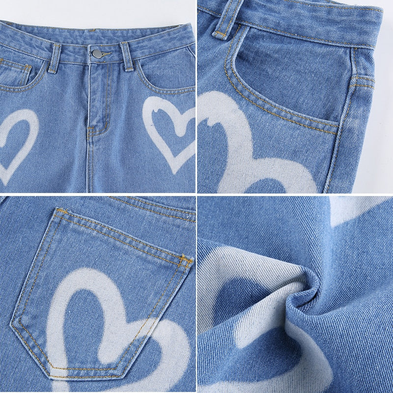 Vintage Heart Printed Baggy Jeans