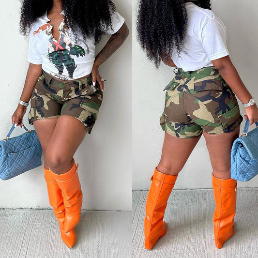 Just A Fly Girl Camo Print Cargo Shorts