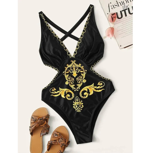 Summer In Greece Baroque Print Criss Cross One Piece Swimsuit