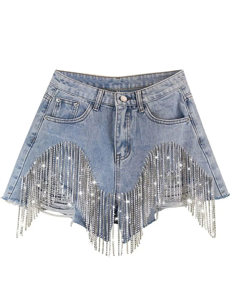 Luxury Diamond Chain Tassel Edge Denim Shorts